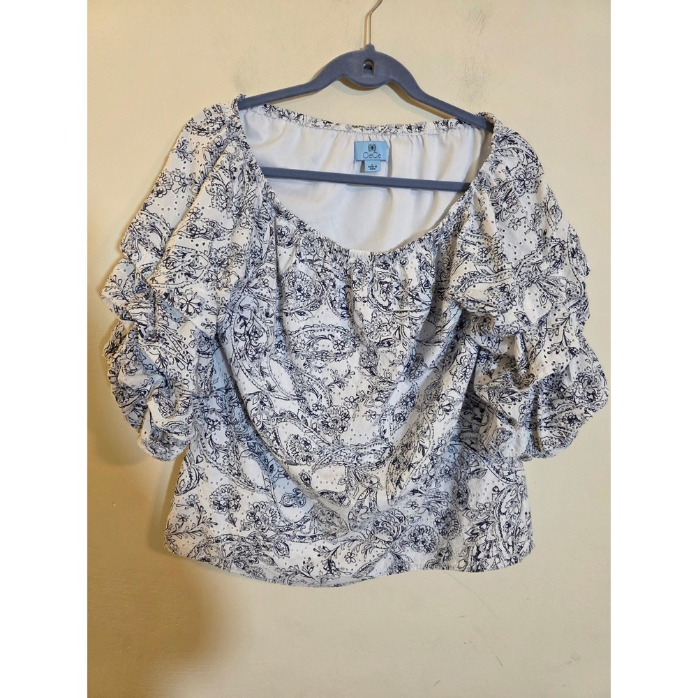 CeCe Womens Large Blue White Eyelet Ruffle Sleeve Off The Shoulder Paisley Top